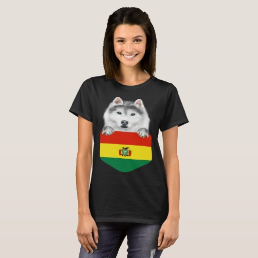 Bolivia Flag Siberian Husky Dog In Pocket T-shirt (Voorkant volledig)