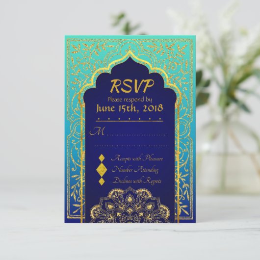 Bollywood Arabian Nights Bruiloft RSVP Kaart (Staand voorkant)