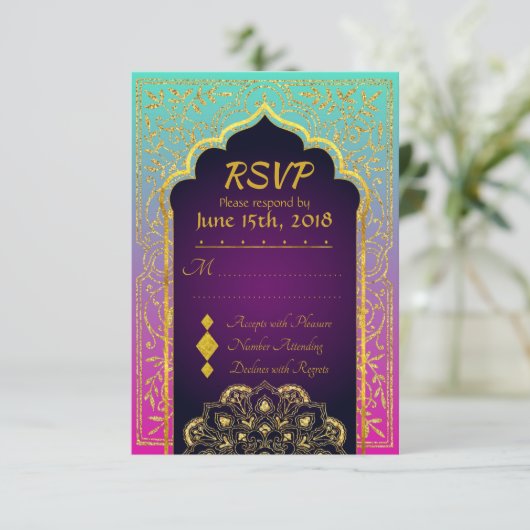 Bollywood Arabian Nights Bruiloft RSVP Kaart (Staand voorkant)