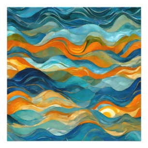 "Bolonia" Blauw Groen Sinaasappel golven Foto Afdruk