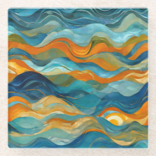"Bolonia" Blauw Groen Sinaasappel golven Glazen Onderzetter