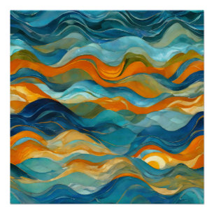"Bolonia" Blauw Groen Sinaasappel golven Perfect Poster