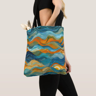 "Bolonia" Blauw Groen Sinaasappel golven Tote Bag