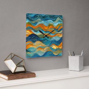 "Bolonia" Blauw Groen Sinaasappel golven Vierkante Klok