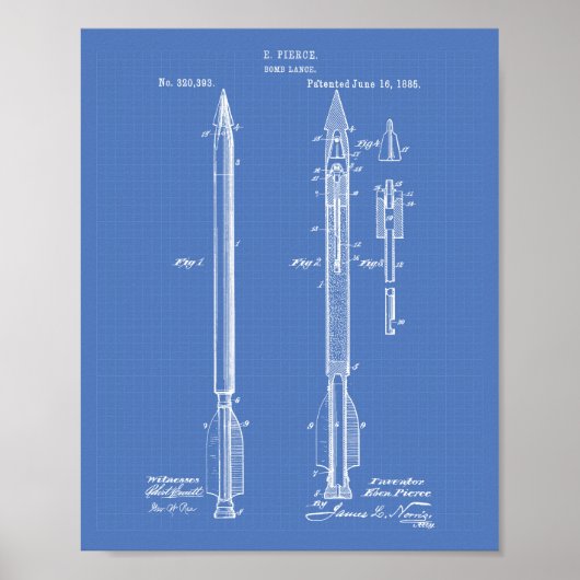 Bomb Lance 1885 Patent Art Blueprint Poster (Voorkant)