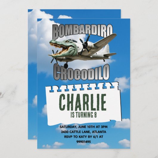 Bombardiro Crocodilo uitnodiging voor verjaardag (Voorkant / Achterkant)