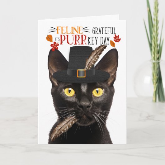 Bombay Black Cat Feline Dankbaar voor PURRkey Day Feestdagen Kaart (Voorkant)