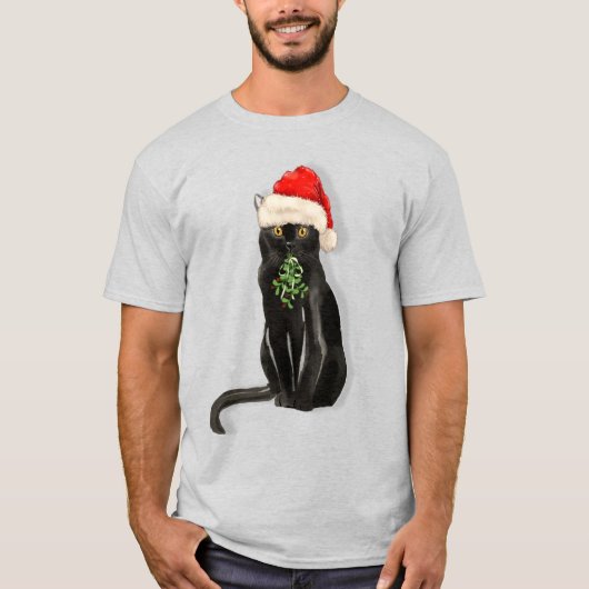 Bombay Cat Breed Black Kat in een Santa Hat T-shirt (Voorkant)