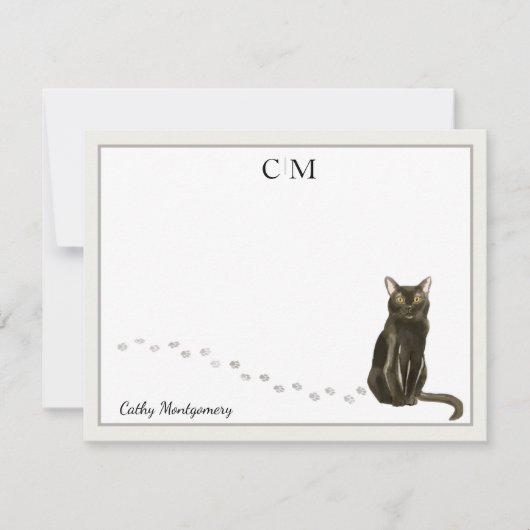 Bombay Cat Gray Border Monogram en naam Notitiekaartje (Voorkant)