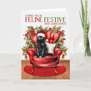 Bombay Zwart Kerstmis Kat FELINE Feestelijk Feestdagen Kaart