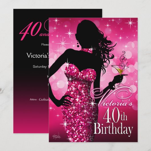 Bombshell Sparkle 40th Birthday | fuschia Kaart (Voorkant / Achterkant)