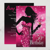 Bombshell Sparkle 50th Birthday | fuschia Kaart (Voorkant / Achterkant)