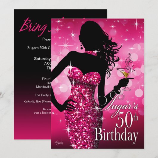 Bombshell Sparkle 50th Birthday | fuschia Kaart (Voorkant / Achterkant)
