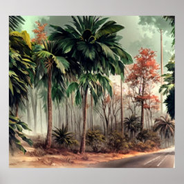 Bomen aan een kant van de landweg poster