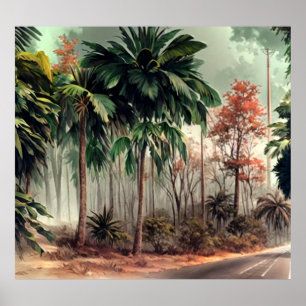 Bomen aan een kant van de landweg poster