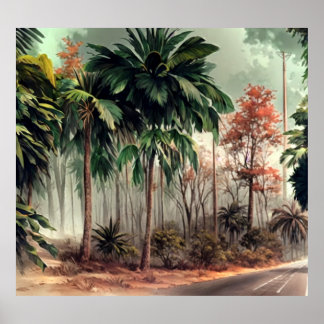 Bomen aan een kant van de landweg poster