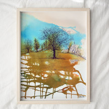 Bomen Blauwe Rust Waterverf Ink Tree Art afdrukken