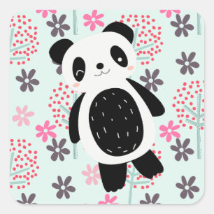 Bomen, Bloemen en Panda-Beren Vierkante Sticker