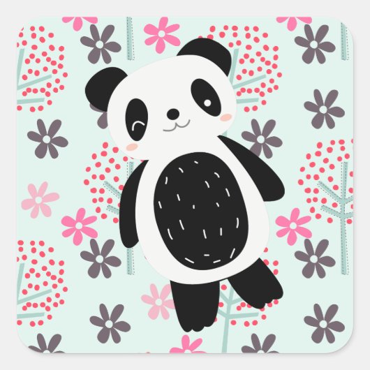 Bomen, Bloemen en Panda-Beren Vierkante Sticker (Voorkant)