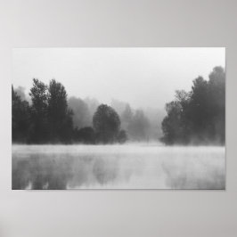 Bomen die verdwijnen in de ochtend mist boven het  poster