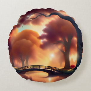 Bomen en Brug Artistieke Herfst Rond Kussen
