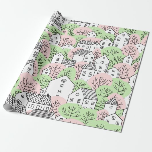 Bomen en huizen naadloos patroon. Lente en zomer Cadeaupapier (Uitgerold)