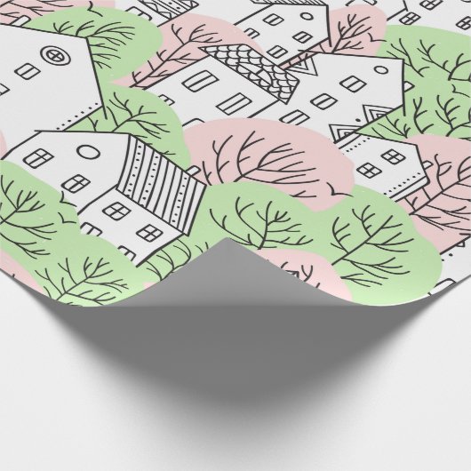 Bomen en huizen naadloos patroon. Lente en zomer Cadeaupapier (Hoek)