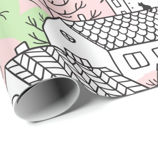 Bomen en huizen naadloos patroon. Lente en zomer Cadeaupapier (Rol Hoek)