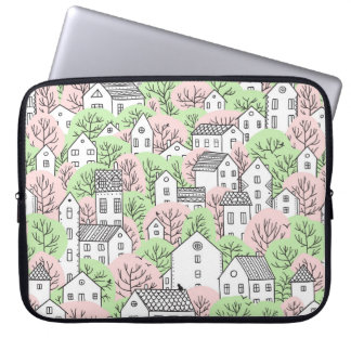Bomen en huizen naadloos patroon. Lente en zomer Laptop Sleeve