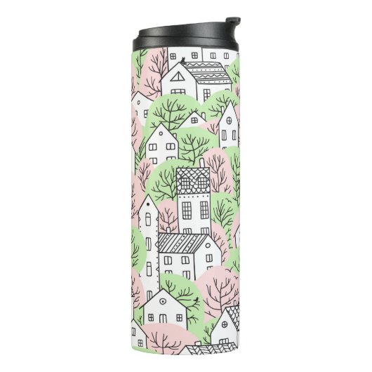 Bomen en huizen naadloos patroon. Lente en zomer Thermosbeker (Gedraaid links)