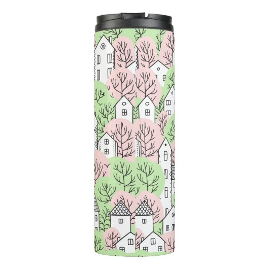 Bomen en huizen naadloos patroon. Lente en zomer Thermosbeker (Achterkant)