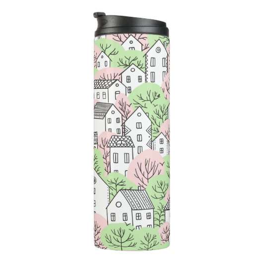 Bomen en huizen naadloos patroon. Lente en zomer Thermosbeker (Geroteerd rechts)