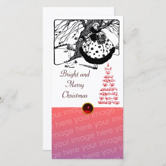 BOMEN EN KERSTVROUW Zwart Wit Rood Edelsteen Feestdagenkaart (Voorkant / Achterkant)