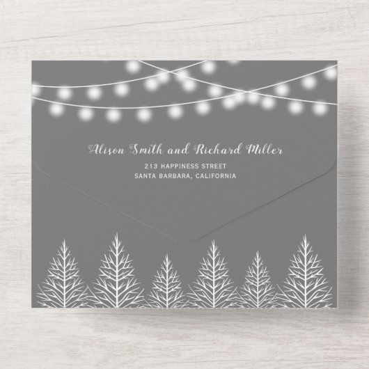 Bomen en licht grijs winterhuwelijk all in one uitnodiging (Achterkant)
