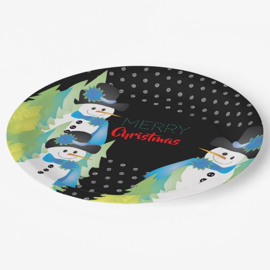 Bomen en sneeuwman decoratief papieren bordje (Gekanteld)