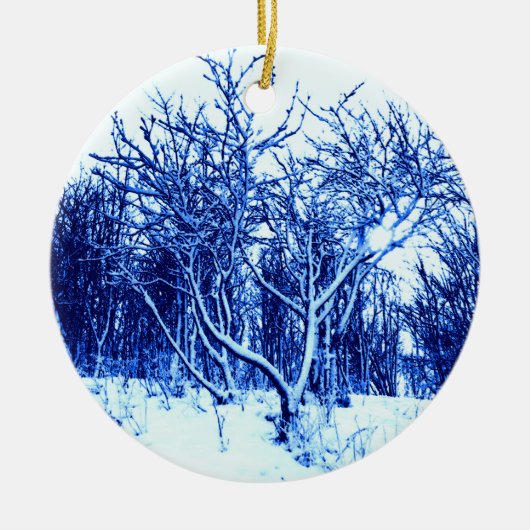 Bomen en sneeuwscène, kobaltblauw keramisch ornament (Voorkant)