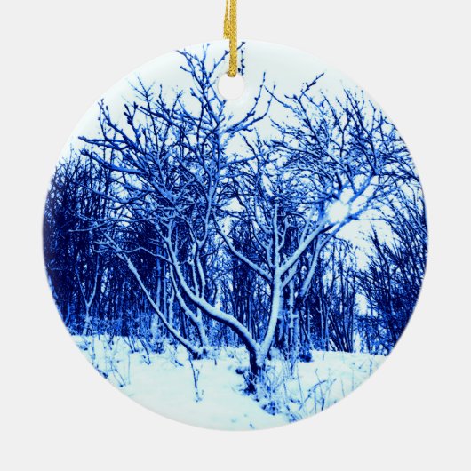 Bomen en sneeuwscène, kobaltblauw keramisch ornament (Achterkant)