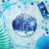 Bomen en sneeuwscène, kobaltblauw papieren bordje (Feest)