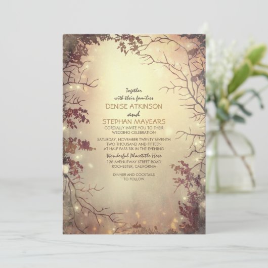 Bomen en String Lights Rustieke bruiloft uitnodigi Kaart (Staand voorkant)