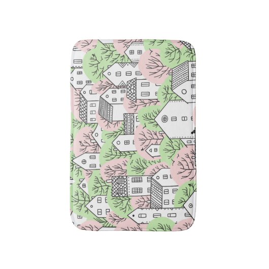 Bomen, huizen, het landschap van de lentestad badmat (Voorkant Verticaal)