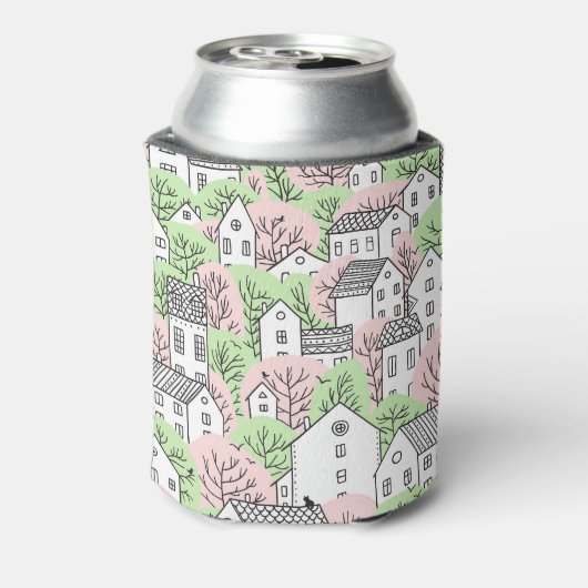 Bomen, huizen, het landschap van de lentestad blikjeskoeler (Blikje Achterkant)