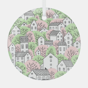 Bomen, huizen, het landschap van de lentestad glas ornament