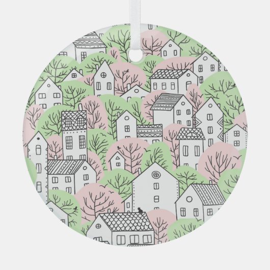 Bomen, huizen, het landschap van de lentestad glas ornament (Voorkant)