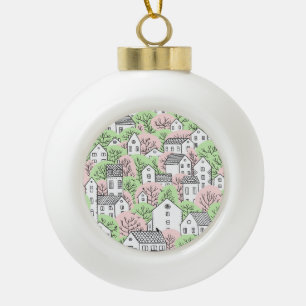 Bomen, huizen, het landschap van de lentestad keramische bal ornament