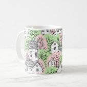 Bomen, huizen, het landschap van de lentestad koffiemok (Voorkant links)