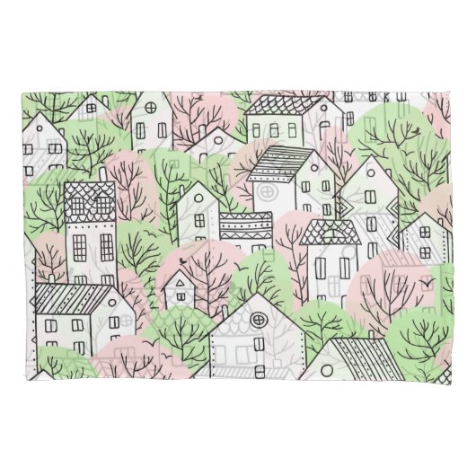 Bomen, huizen, het landschap van de lentestad kussensloop (Voorkant)