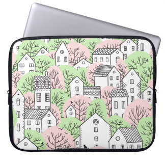 Bomen, huizen, het landschap van de lentestad laptop sleeve