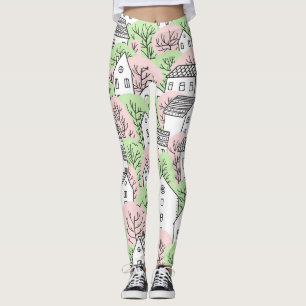 Bomen, huizen, het landschap van de lentestad leggings