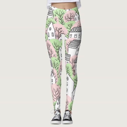 Bomen, huizen, het landschap van de lentestad leggings (Voorkant)