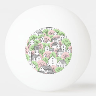 Bomen, huizen, het landschap van de lentestad pingpongbal
